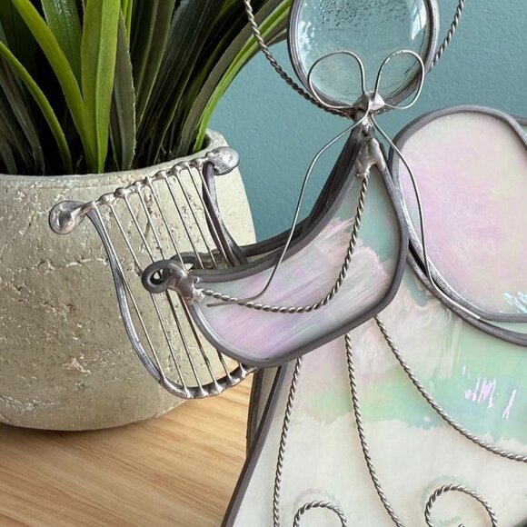 Vtg Stained Glass Angel Harp Halo Iridescent on Base Hand Crafted Jean Richards - Picture 2 of 12